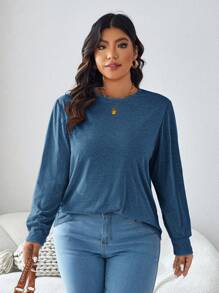 SHEIN LUNE Plus Size Women's Casual Blue Round Neck Long Sleeve T-Shirt Holiday Outfit - Blue - View 4