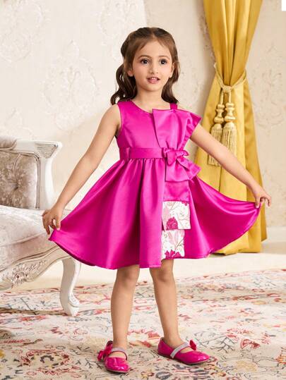 Young Girls Mid-Length Sleeveless Dress, Elegant Fuchsia Color, Radiates & Graceful Style