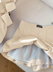 Comfortcana 2pcs Women Set: Blouse & Pleated Skirt - Apricot - View 5