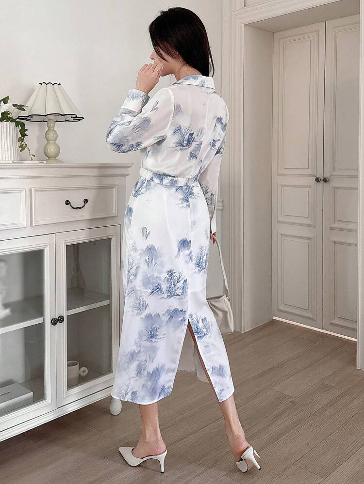 2pcs/Set Floral Print Shirt And Skirt For Women,Fall Women Clothes