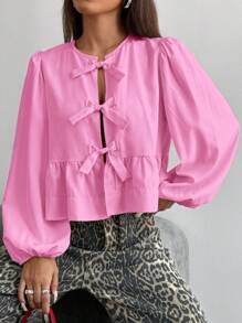 SHEIN EZwear 女士粉色编织灯笼袖蝴蝶结前襟衬衫