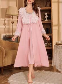 PalaceNights 2 Pieces Contrast Ruffle Hem Embroidery Floral Palace Style Women Pajamas Set