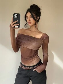 Aloruh Women's Elegant Sexy Vintage Asymmetric Oblique Collar Long Sleeve Tie-Dye Print Top, Autumn/Winter - Multicolor - View 7