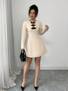 Calvaya Apricot Colored A-Line Dress With Mandarin Button Decoration, Waist Gathered