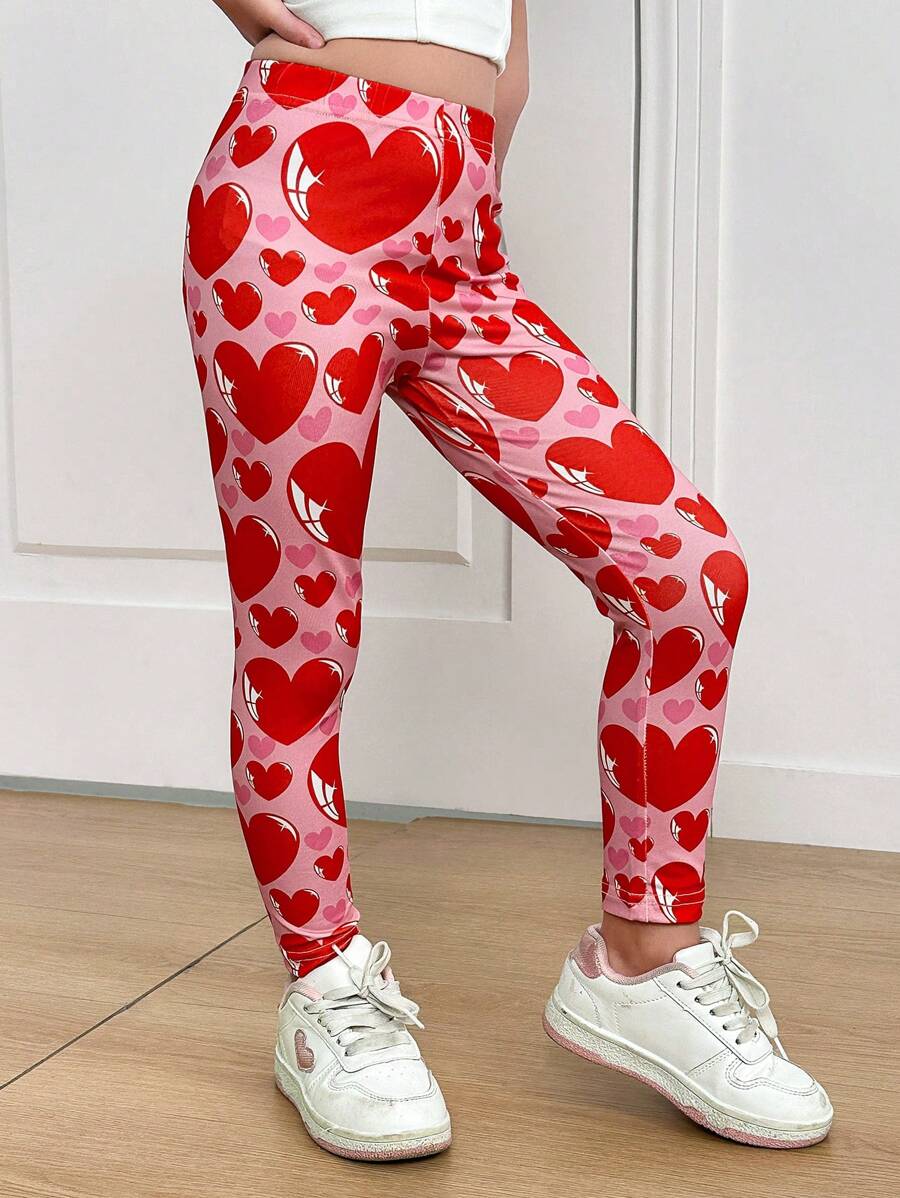 SHEIN Girls' Sweet Heart Print Leggings, Suitable For Valentine's Day Party, Everyday Wear, Home - Pink - View 1
