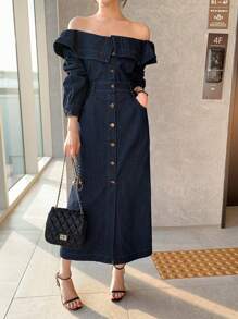DAZY Women's Fold Collar Off Shoulder Single-Breasted Pocket Casual Denim Dress