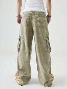 Manfinity EMRG Jeans cargo denim ample avec imprimé flamme délavé pour hommes
