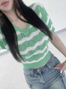 DAZY Top corto tejido con bloque de color y cuello en V, manga corta, color verde, para primavera/verano - Verde - Ver 4