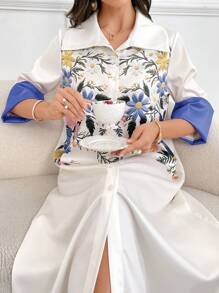 Al Najma 女式花卉印花单排扣七分袖宽松阿拉伯风格连衣裙，端庄 - 藍色 - 查看 7