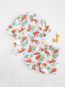 Cozy Pixies 2 件套：卡通动物印花 Polo 领短袖开衫和松紧腰短裤，适合小男孩 - 綠色 - 查看 2
