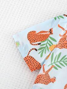Cozy Pixies 2 件套：卡通动物印花 Polo 领短袖开衫和松紧腰短裤，适合小男孩 - 綠色 - 查看 4