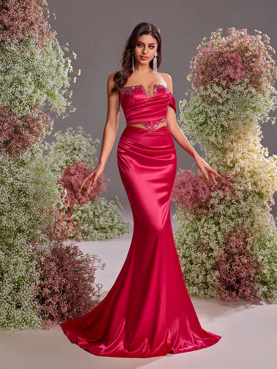 Glamrae Váy dài đuôi cá bằng vải satin nhún bèo trễ vai đính đá màu hồng cánh sen sang trọng và thanh lịch, váy dự tiệc cưới, phù hợp cho đám cưới, tiệc tùng, kỳ nghỉ, dạ hội, sự kiện trang trọng, váy dự tiệc, váy dạ hội - Màu Hồng Tươi - Xem 1