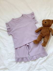 DAZY 年轻女孩简约时尚休闲日常上衣和裤子休闲套装，女孩夏季服装 - 紫色 - 查看 8