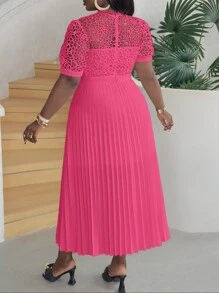 Slaydiva Lace Patchwork Pleated Puff Sleeve Plus Size Women Dress - Hot Pink - View 2