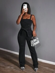 Slaydiva Fashionable Distressed Slim-Fit Denim Jumpsuit - Black - View 3