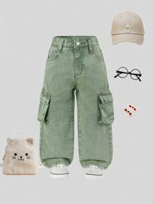 SHEIN Pantalones de carga de mezclilla con pierna recta de estilo casual retro para niña joven