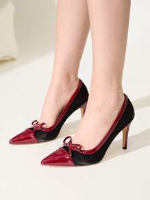 CUCCOO CHICEST Pointed Toe High Heels With Colorblock Bow Design, Elegant & Fashionable Ladies High Heel Pumps Suitable For Valentine's Day, Spring Outfits, Going Out - Black - View 4