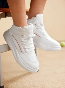 CUCCOO EASI Women's Striped Patchwork Round Toe Flat Running Sports PU Shoes, Black And Orange Contrast Color High Top Casual Sneakers For Daily And Campus Wear - White - View 1