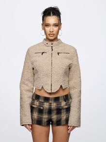 SUMWON WOMEN Luxury Teddy Bear Crop Moto Jacket Cozy Sherpa Winter Fashion Casual Streetwear Short Coat With Zip Pockets StAnd Collar Fall Outerwear