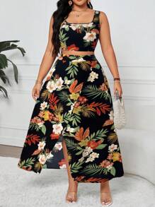 Breezaya Plus Size 2 Pieces Set: Elegant Vintage Style Sleeveless Tank Top & High Waist Slit Maxi Dress With Random Floral Print, Versatile Separates For Summer, Graduations, Holidays, Parties, Gatherings