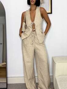 SHEIN Essnce 2 pièces Ensemble de gilet et pantalon casual pour femme avec nœud, tenue de bureau décontractée pour dames, affaires pour femmes, ensemble deux pièces pour femmes, vêtements en lin pour femmes, printemps