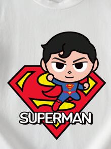 SUPERMAN X SHEIN 年轻男孩休闲圆领短袖T恤，适合夏季