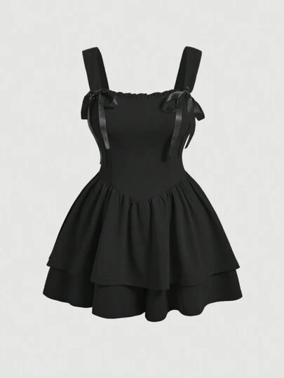 SHEIN MOD 大码夏季黑色双层抽绳蝴蝶结 V 领荷叶边修边连体衣