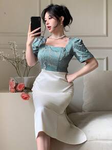 DAZY Vestido de mujer hasta la pantorrilla con escote cuadrado y mangas abullonadas en bloques de color, vestido de graduación - Azul - Ver 6