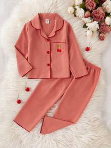 Young Girls Minimalist Cute Cherry Embroidered Burgundy Loose 2pcs Set Pajamas, Long Pants & Long Sleeve - Orange - View 3