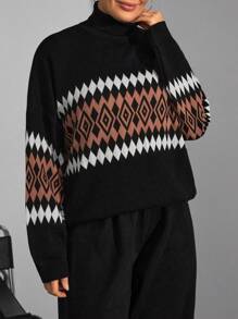 SHEIN Cottnline Women's Geometric Pattern High Neck Sweater 2pcs/Set - Multicolor - View 5