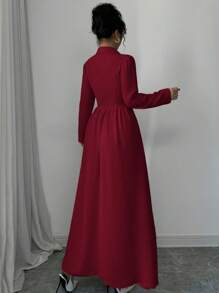 Elenzga Women's Elegant Burgundy Red Maxi Dress: Double-Breasted, Long Sleeve, A-Line Fall Cloth For Women - Burgundy - View 2