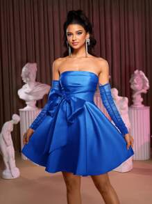 SHEIN Belle Vestido de invitada de boda elegante y romántico con detalles en satén azul, hombros descubiertos, manga larga transparente, gran lazo decorativo y volante, adecuado para fiesta de soltero, San Valentín, cita, festival de música, boda, baile de graduación - azul real - Ver 7