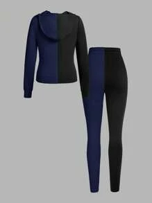 Slaydiva Autumn Casual Simple Hooded Zippered Black And Gray Coat Tops Slim Fit Color Matching Trousers Women's Two-Piece Set-H