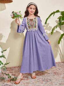 SHEIN Tween Girls' Elegant Ruffled Round Neck Puff Sleeve Asymmetrical Split Hem Dress - Dusty Purple - View 3