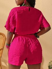 Slaydiva 2pcs New Solid Color Casual Outfit: Crew Neck Short Sleeve Top And Knotted Textured Fabric Shorts Set, Summer - Hot Pink - View 2