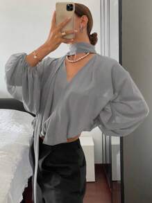 DAZY Solid Color Loose Long Sleeve Tied Chiffon Blouse, Women Spring/Summer Holiday Shirt,Fall Clothes
