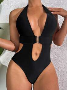 1pc Women's Solid Color Backless Halter One-Piece Swimsuit For Holiday & Beach Summer - Black - View 3