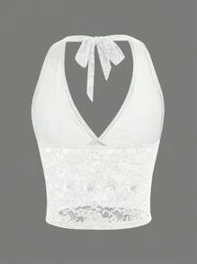 INAWLY Women Lace Design Backless Sleeveless Top With Contrasting Colors - White - View 3