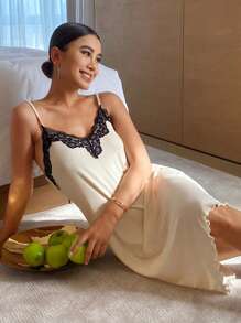 Livesso Camicia da notte comoda in maglia a costine con inserti in pizzo e blocchi di colore, per uso domestico e pigiama - Beige - Visualizzare 1