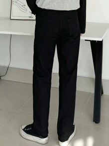 DAZY Jeans noirs unicolore décontractés pour hommes, mode minimaliste pour le port quotidien en tenue d'affaires pour l'automne - Noir - Voir 2