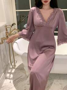 DAZY 女士蕾丝拼接V领露背七分袖睡裙，睡衣，秋冬款