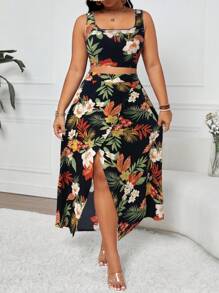 Breezaya Plus Size 2 Pieces Set: Elegant Vintage Style Sleeveless Tank Top & High Waist Slit Maxi Dress With Random Floral Print, Versatile Separates For Summer, Graduations, Holidays, Parties, Gatherings