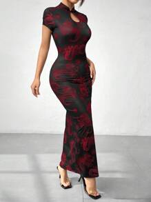 Chiquease 龙图案印花旗袍领前扣高开叉连衣裙长款女装