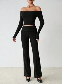 SHEIN Tall 2 pièces Ensemble mode femme avec top court à manches longues et épaules dénudées et pantalon évasé