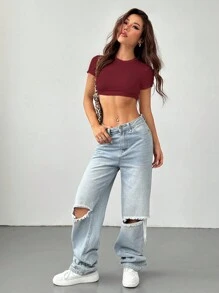 SHEIN PETITE Áo thun nữ cổ tròn đơn giản màu trơn đơn giản ôm vừa vặn - Màu Đỏ Sâu - Xem 3