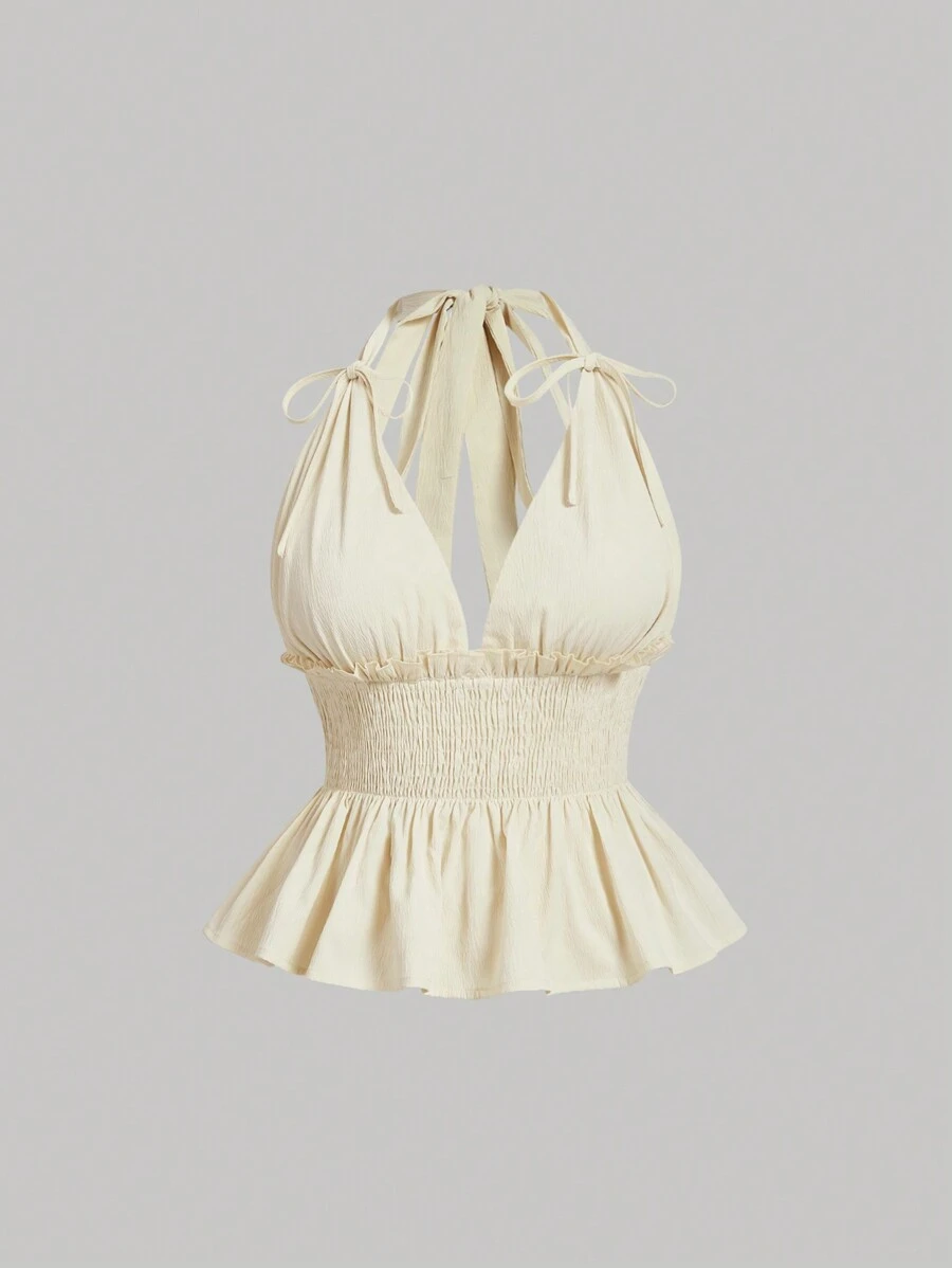 SHEIN MOD 大码前蝴蝶结和后系带轻质黄色女式吊带背心上衣夏季夏装女式上衣女式上衣衬衫 T 恤女式服装夏季上衣 - 杏色 - 查看 1