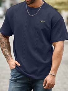 Manfinity Homme 大码男式字母图案短袖休闲 T 恤 - 藏蓝色 - 查看 5