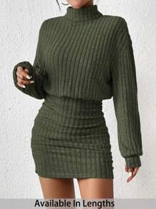 SHEIN Tall CURVE Plus Size Women's Solid Color High Collar Drop Shoulder Long Sleeve Ribbed Bodycon Dress