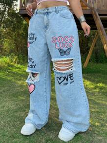 SHEIN MOD Pantalones vaqueros azules rectos y holgados de talla grande con efecto desgastado
