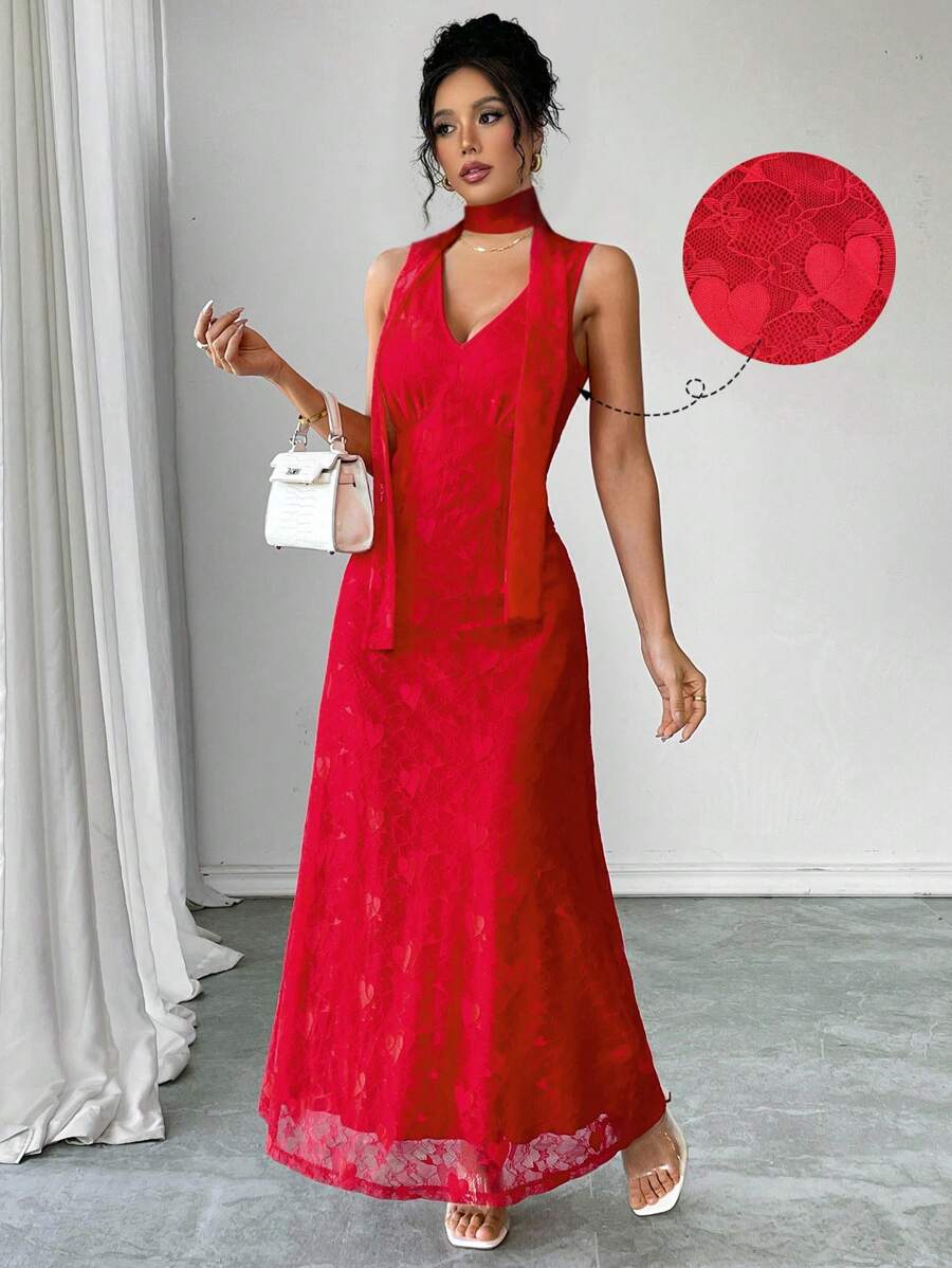 Elenzga 女士优雅 V 领腰部褶皱蕾丝细节吊带连衣裙，秋冬 - 紅色 - 查看 1